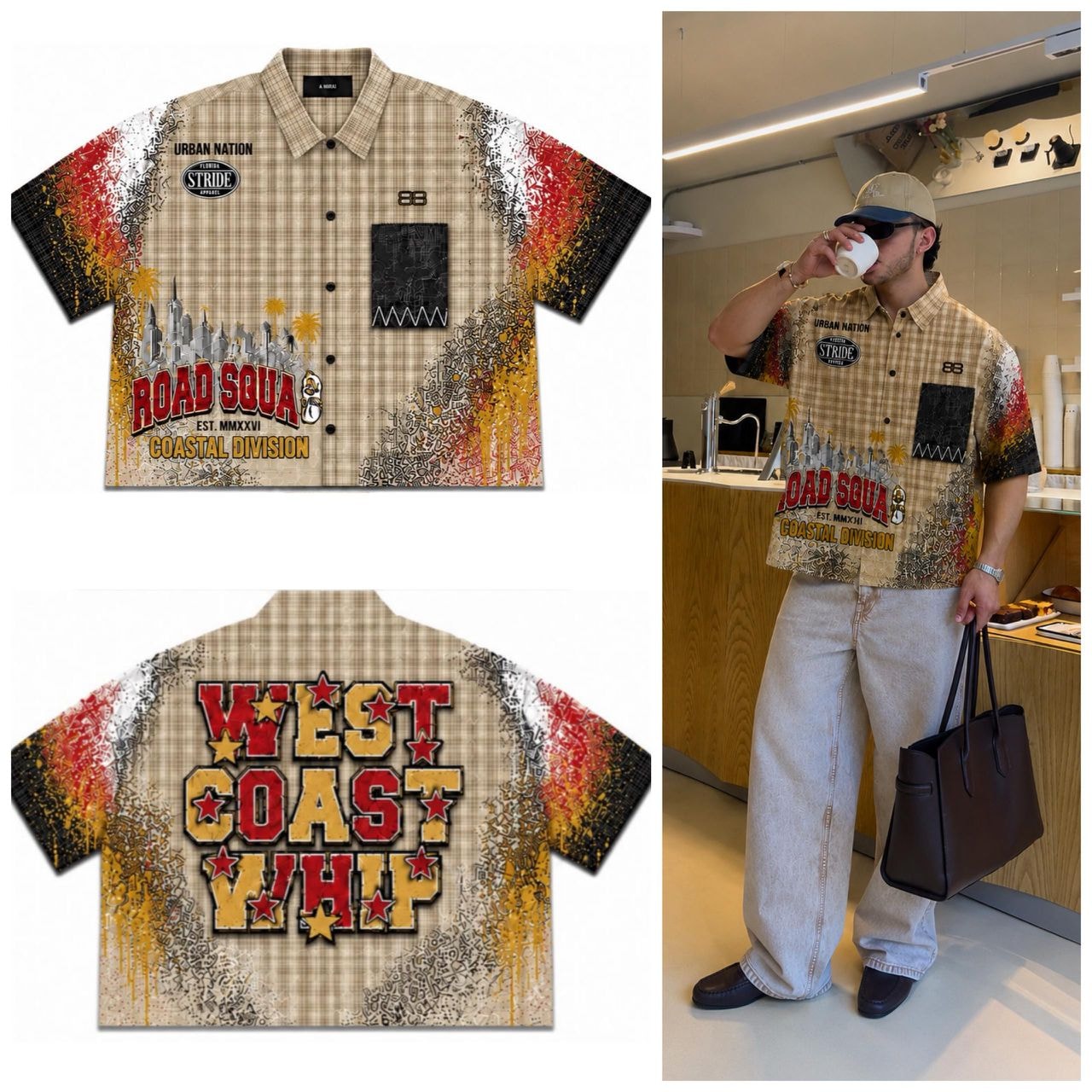 Beige plaid graphic short sleeve shirt flat lay front and back with model wearing it.