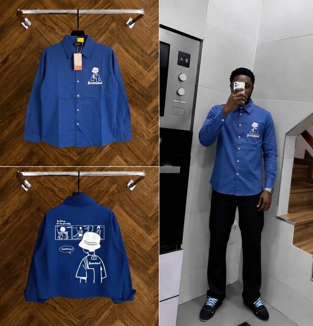 Collage of blue Boom Good shirt: front on hanger, back with comic prints, and model wearing it.