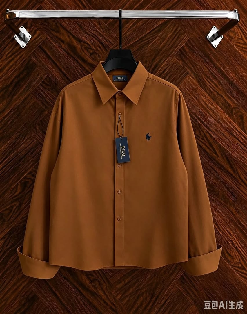 Brown long sleeve button-down Polo shirt on hanger with navy chest logo and POLO tag.