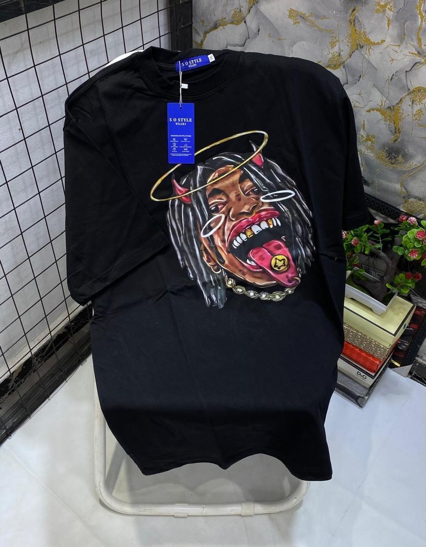 Black t-shirt with MASSRULZ nun middle finger graphic and back print inset.