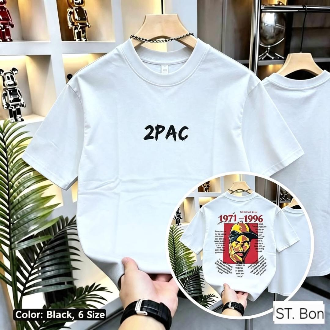 White 2Pac t-shirt on hanger showing front text with inset of back 1971-1996 design.