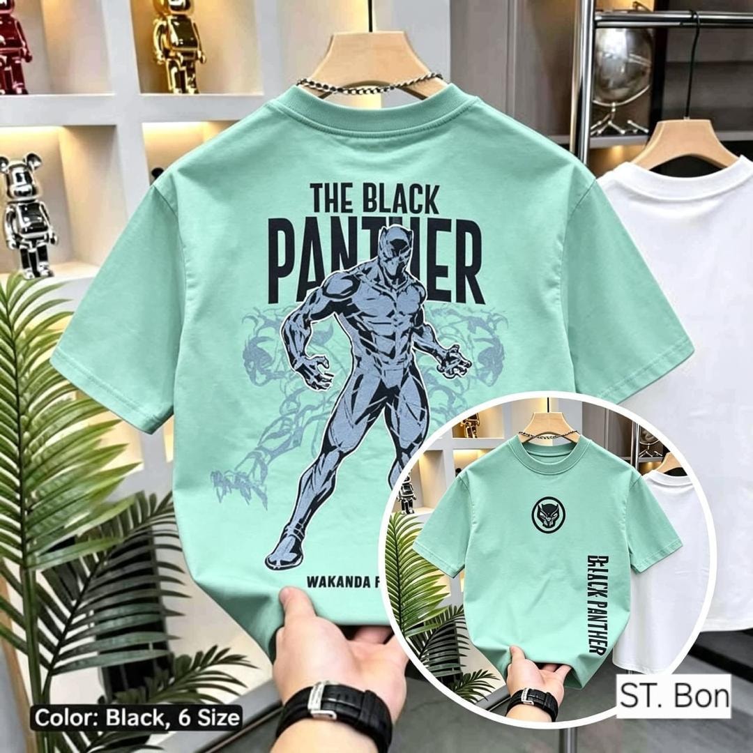Mint green Black Panther t-shirt displayed with back graphic and inset of front logo and text.