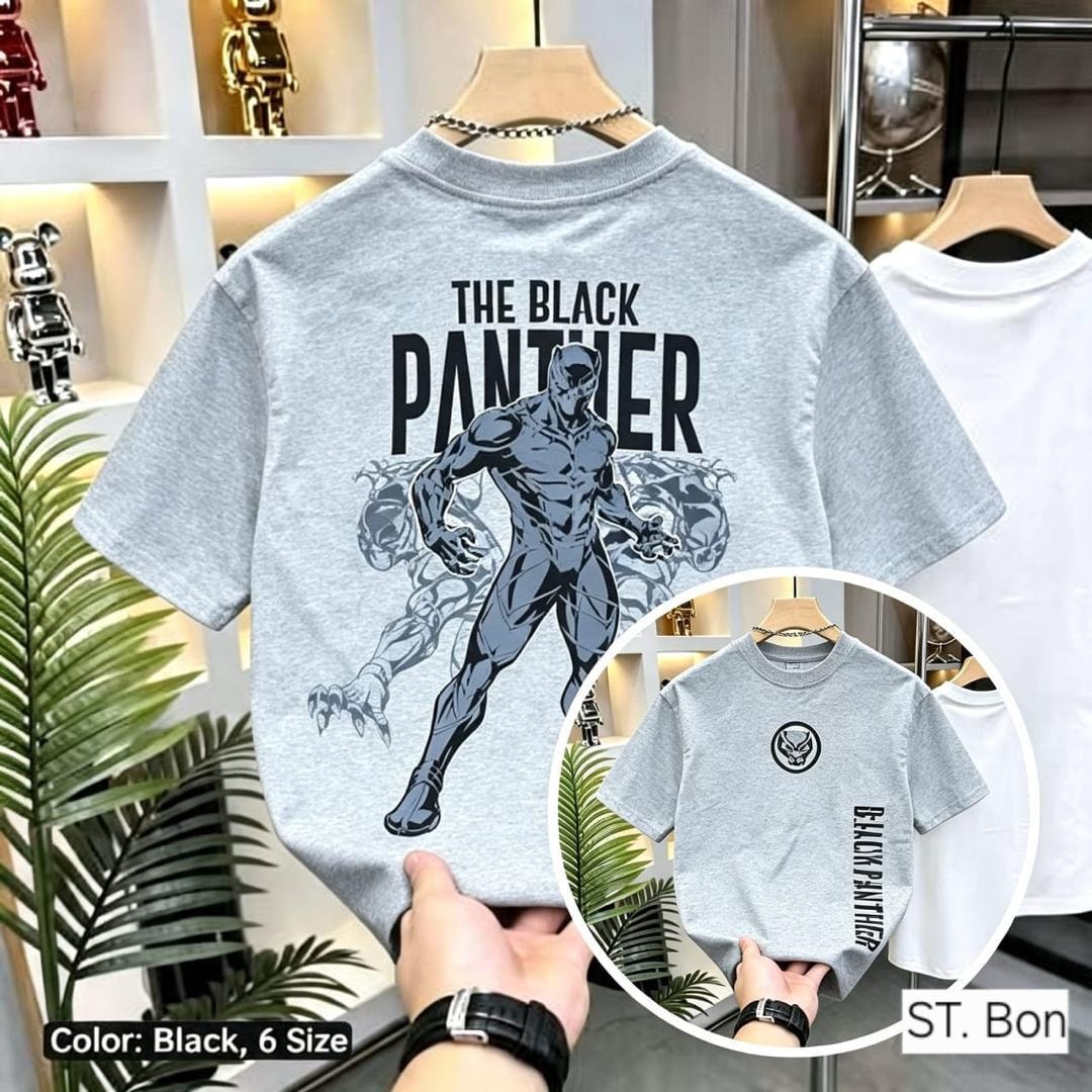 Gray Black Panther t-shirt on hanger with back view and inset highlighting front details.