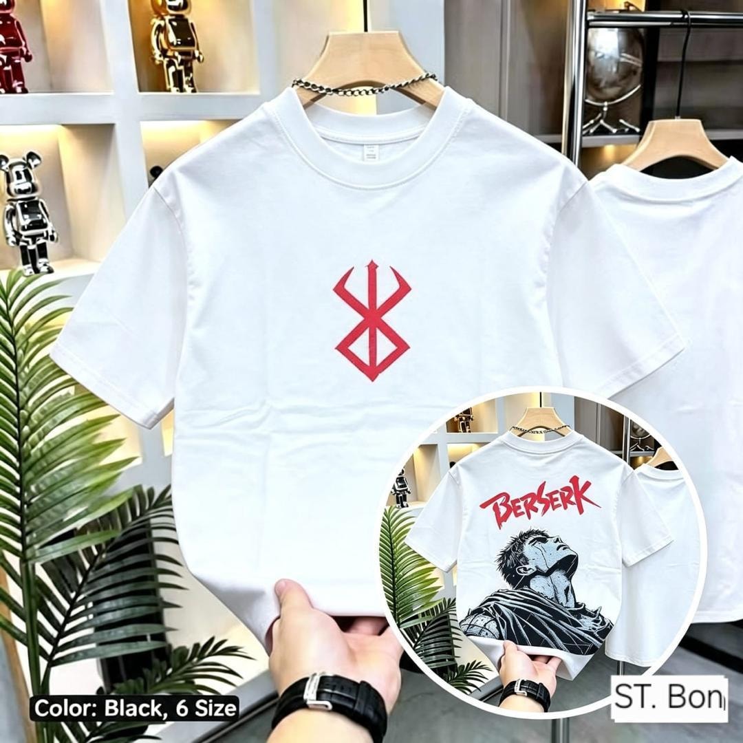 White Berserk t-shirt on hanger with red front symbol and circular inset of back graphic.