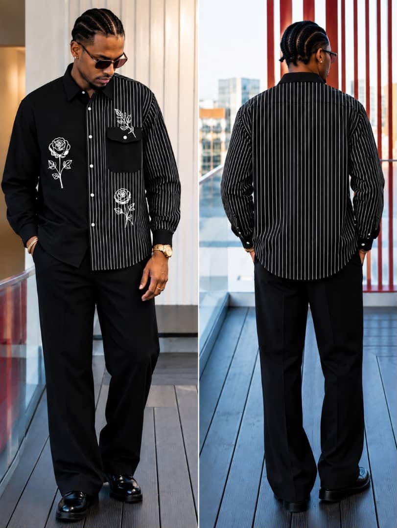 Front and back views of man in black pinstriped shirt with white rose embroidery.