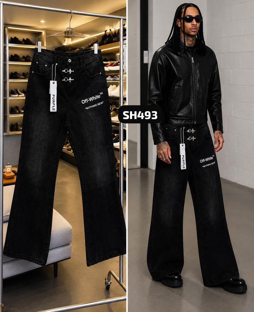 Black jeans with Off-White tags, silver hardware, and NOTHING NEW prints, shown on model and flat.