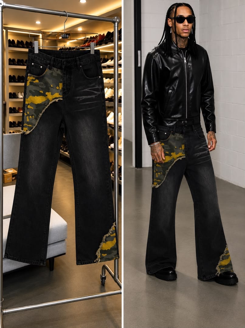 Black jeans with yellow camo side patches and frayed edges, displayed flat and on model.