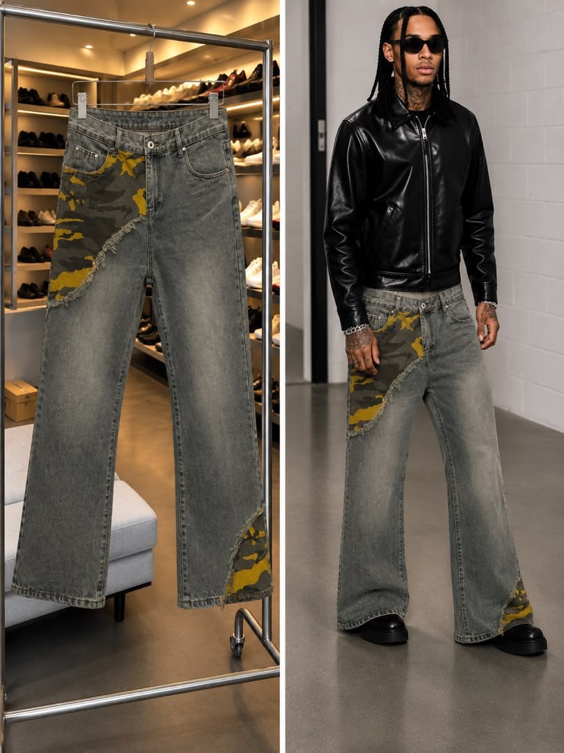 Gray jeans with yellow camo side patches and frayed hems, shown flat and on male model.
