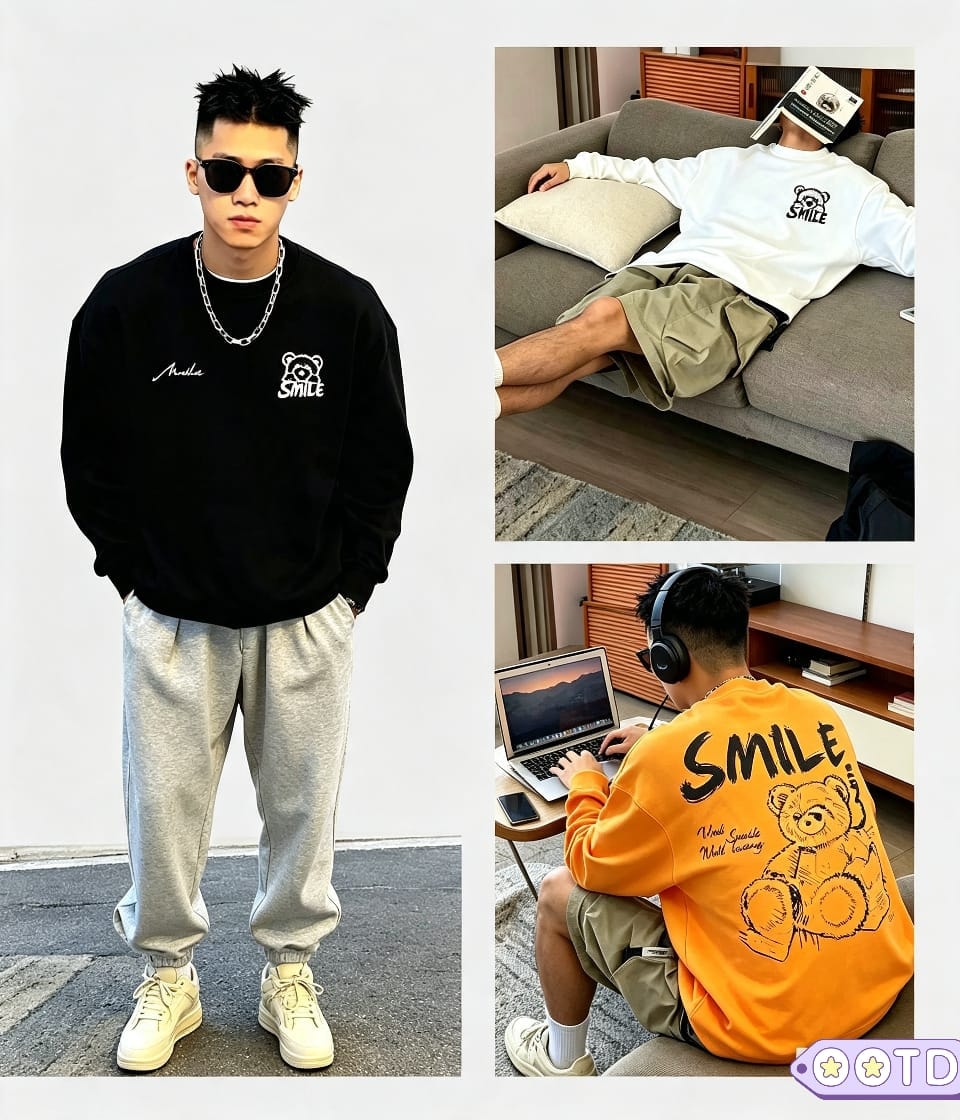 Black SMILE sweatshirt front view and orange version showing back teddy bear graphic with text, in casual poses.