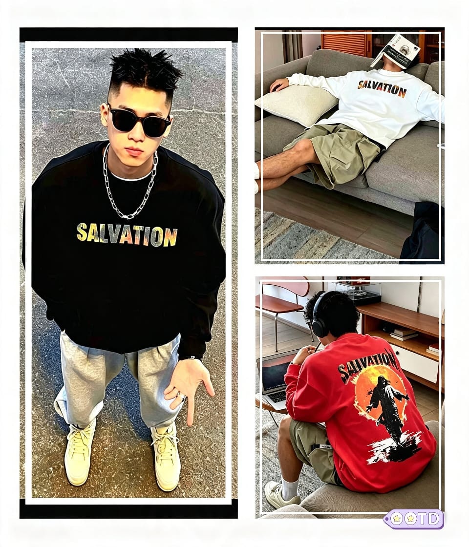 Collage of black, white and red SALVATION sweatshirts displaying front text and back silhouette graphic.