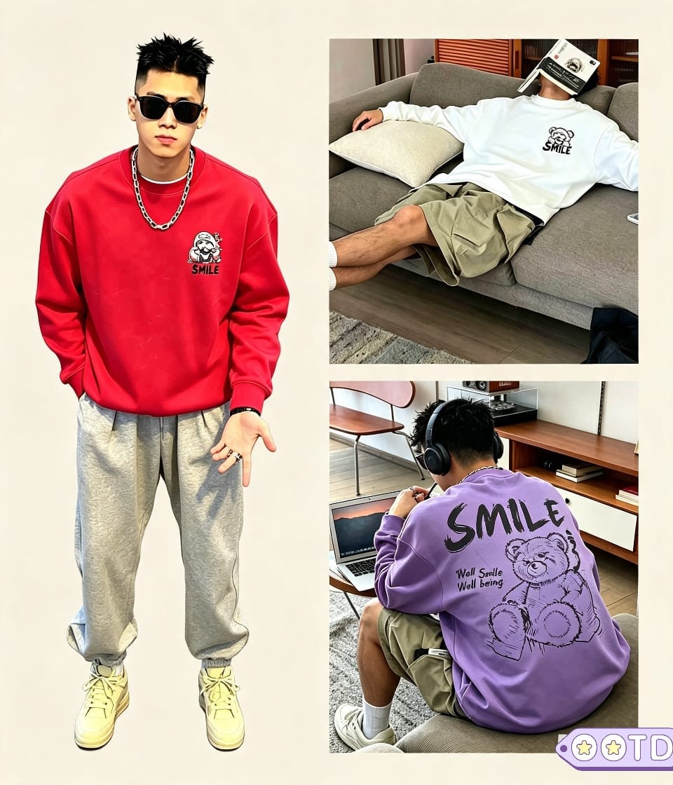 Collage featuring red, white and purple SMILE sweatshirts with teddy bear designs in studio and lifestyle settings.