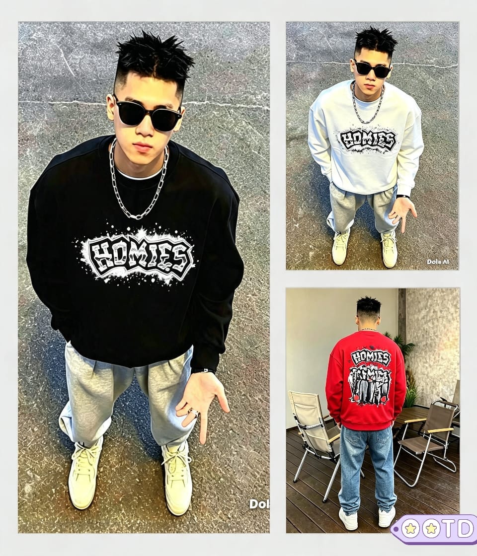 Collage of black, white and red HOMIES sweatshirts modeled in multiple views showing front graphic and back print.