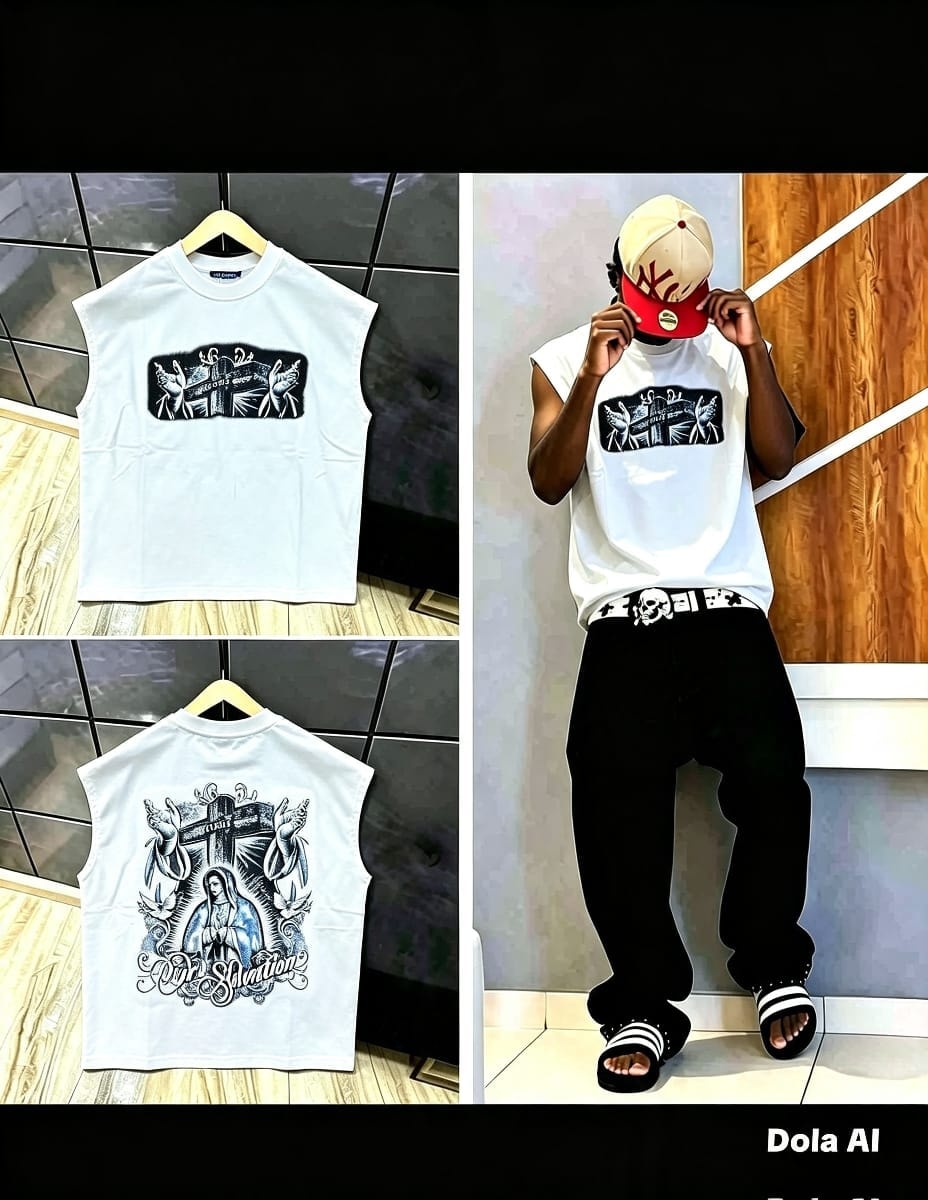 Black sleeveless t-shirt with skateboard graphic on front, quote on back, and model view.