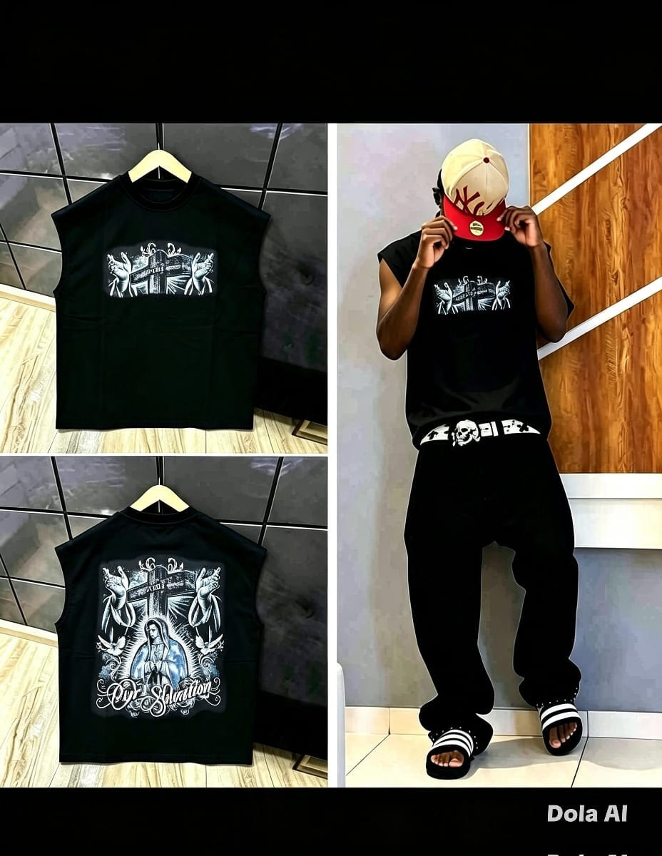 Green sleeveless t-shirt with skateboard graphic on front, quote on back, and model view.