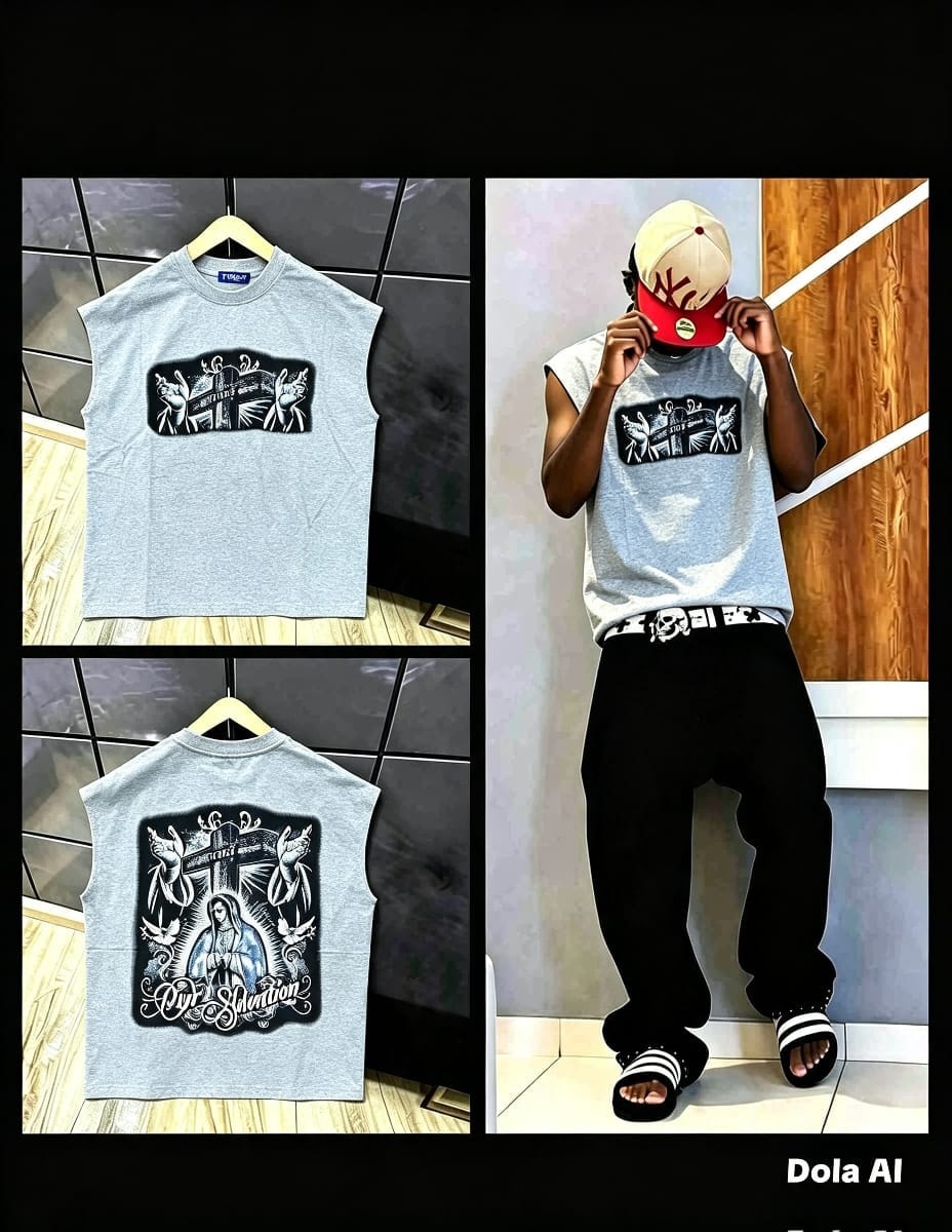 White sleeveless t-shirt with skateboard graphic on front, quote on back, and model view.