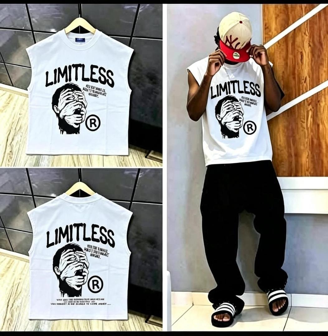 Gray sleeveless t-shirt with Limitless graphic on front, back design, and model view.