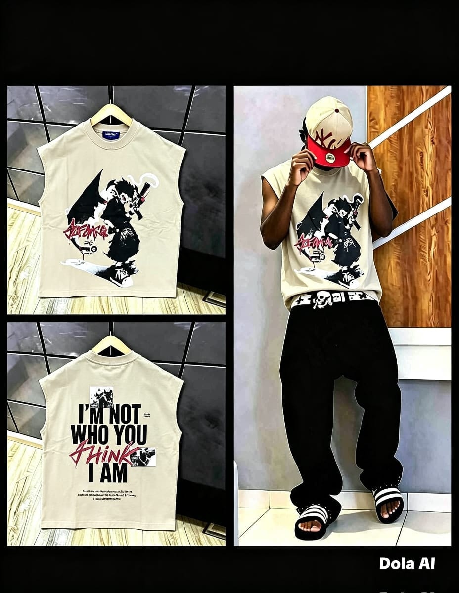 Beige sleeveless t-shirt with skateboard graphic on front, quote on back, and model view.