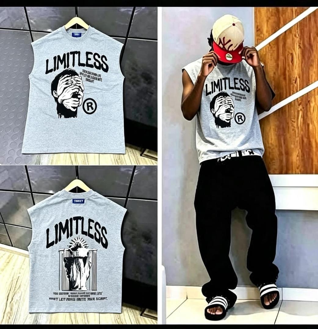 Gray sleeveless t-shirt with religious cross graphic on front, Virgin Mary on back, and model view.