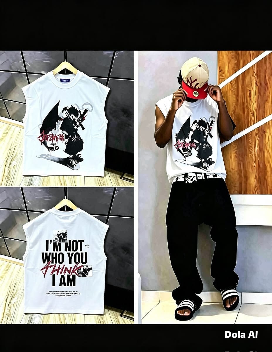 Black sleeveless t-shirt with religious cross graphic on front, Virgin Mary on back, and model view.