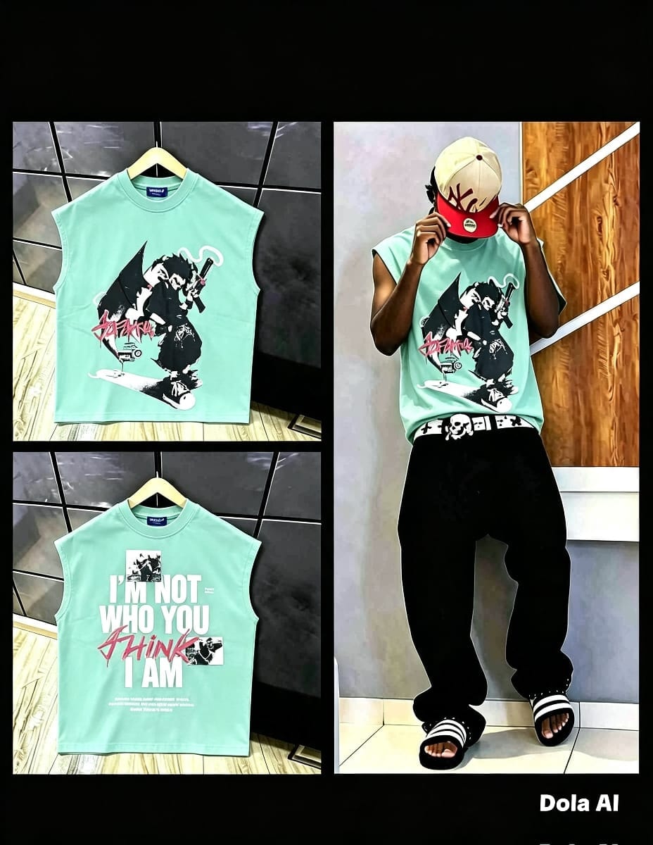 White sleeveless t-shirt with religious cross graphic on front, Virgin Mary on back, and model view.
