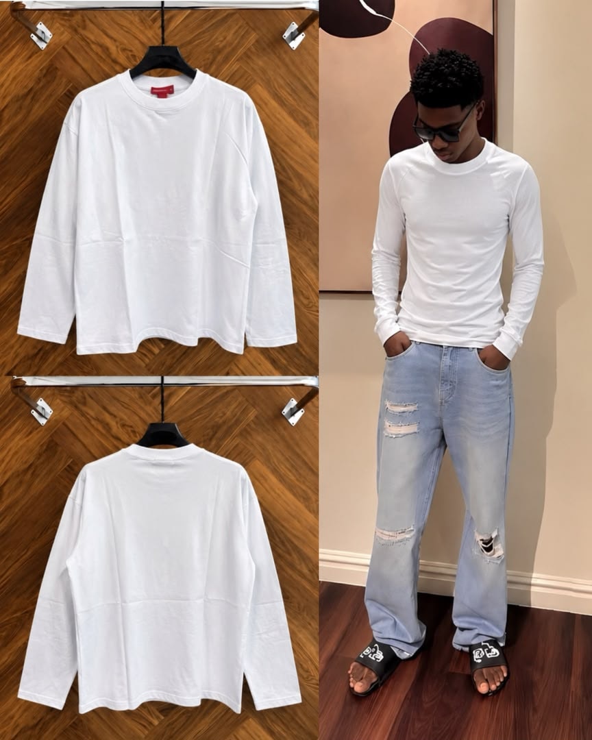 Front, back, and model views of black plain fitted long sleeve top.