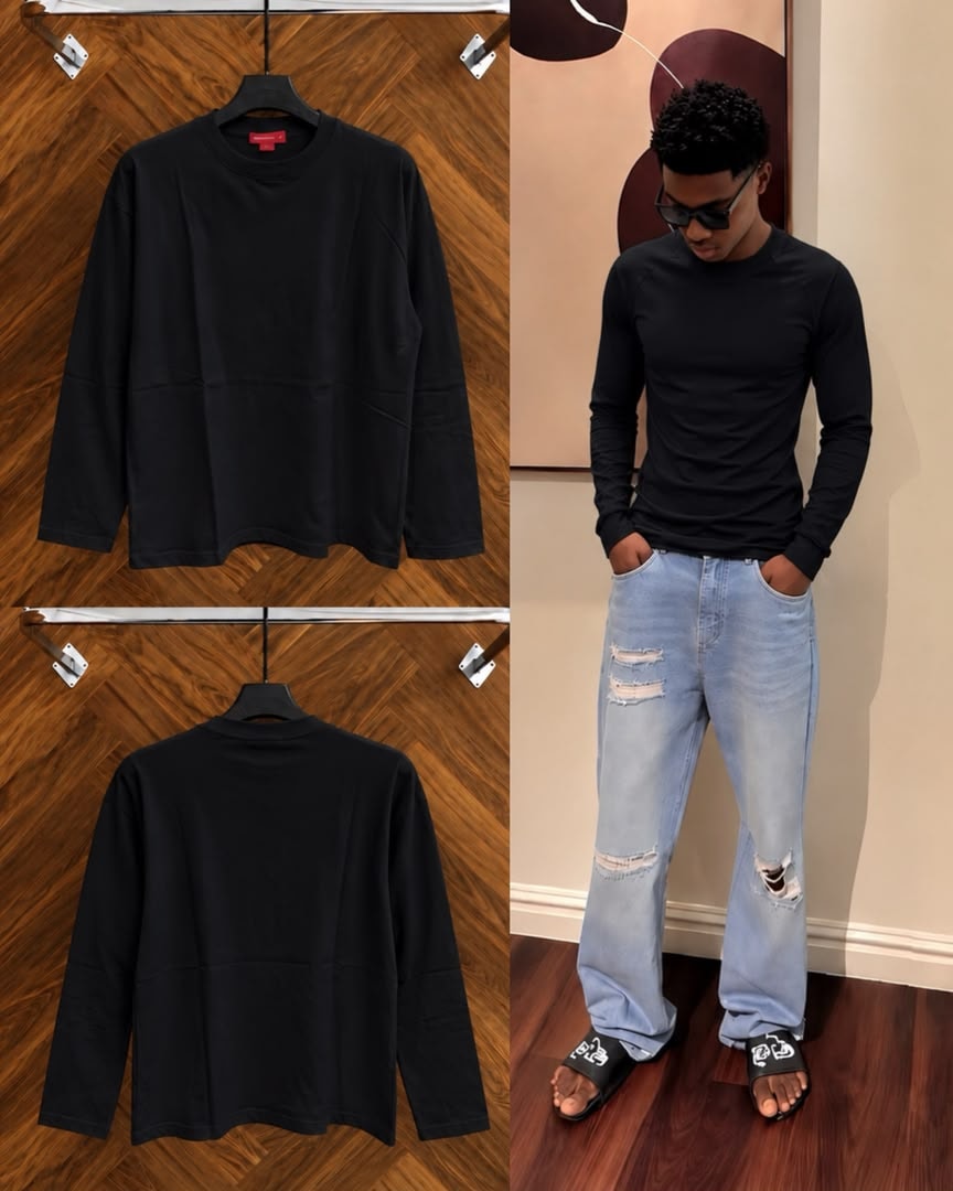 Front, back, and model views of white plain fitted long sleeve top.