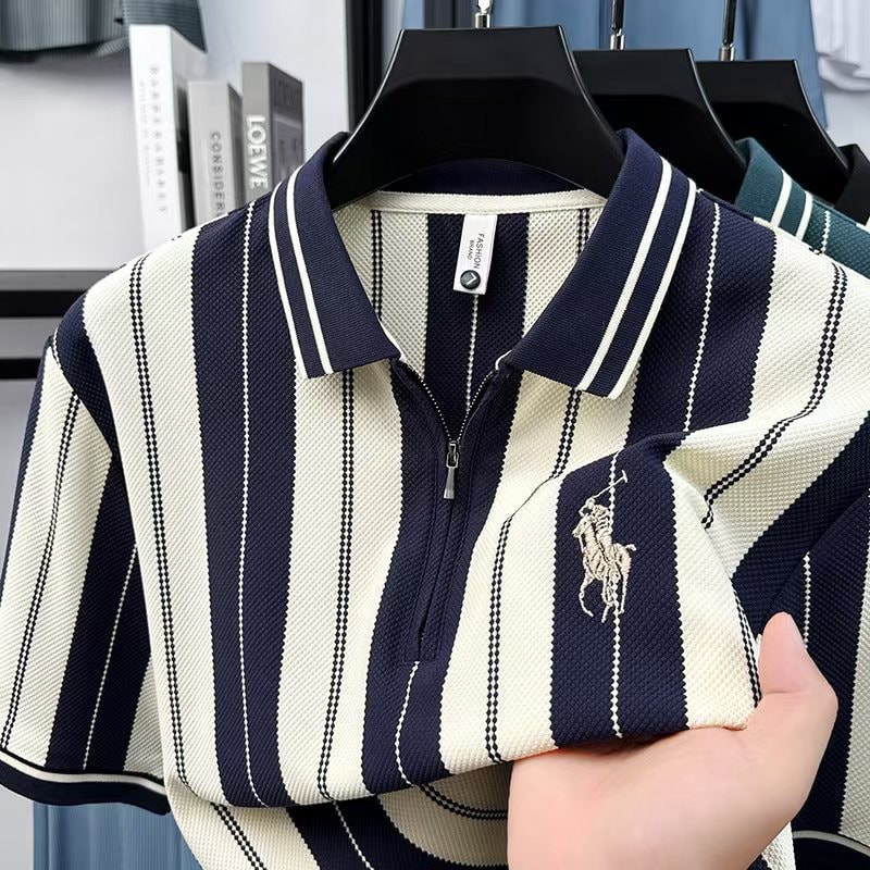 Men’s Navy & Cream Striped Zip Polo Shirt