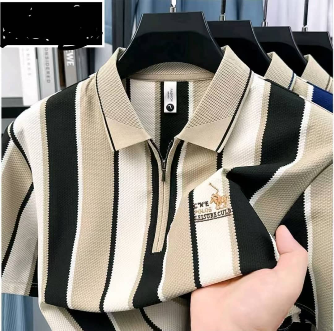 Men’s Beige & Black Striped Zip Polo Shirt