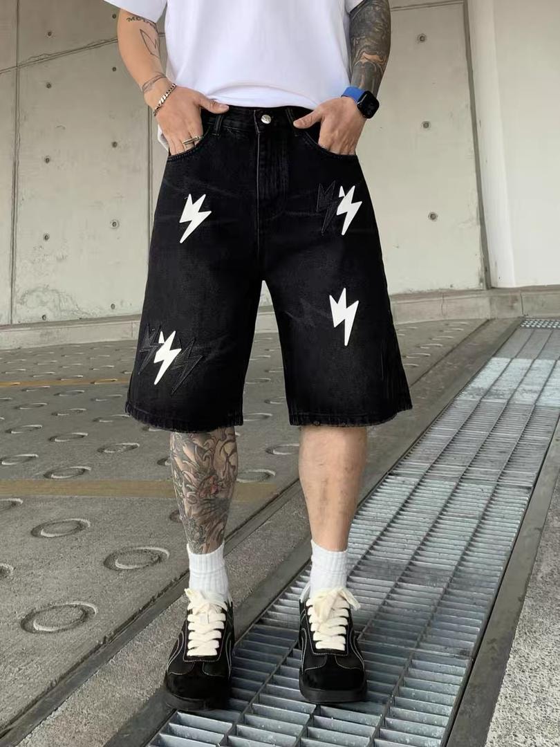 Black Lightning Bolt Denim Jorts