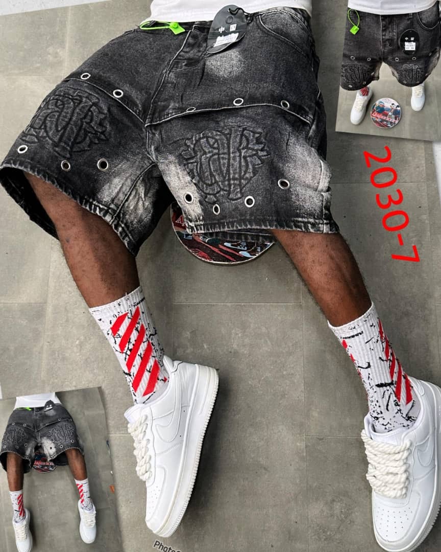 Washed Black Embossed Eyelet Jorts