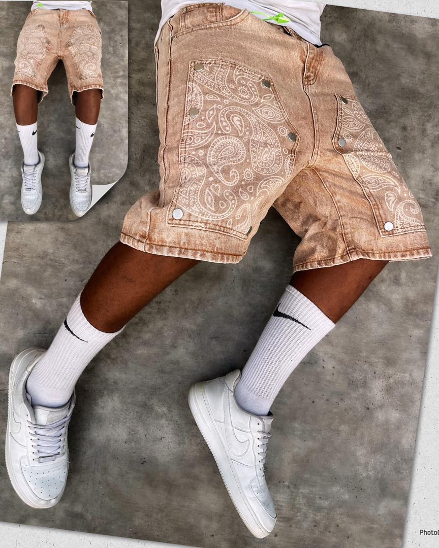 Washed Beige Paisley Patch Jorts