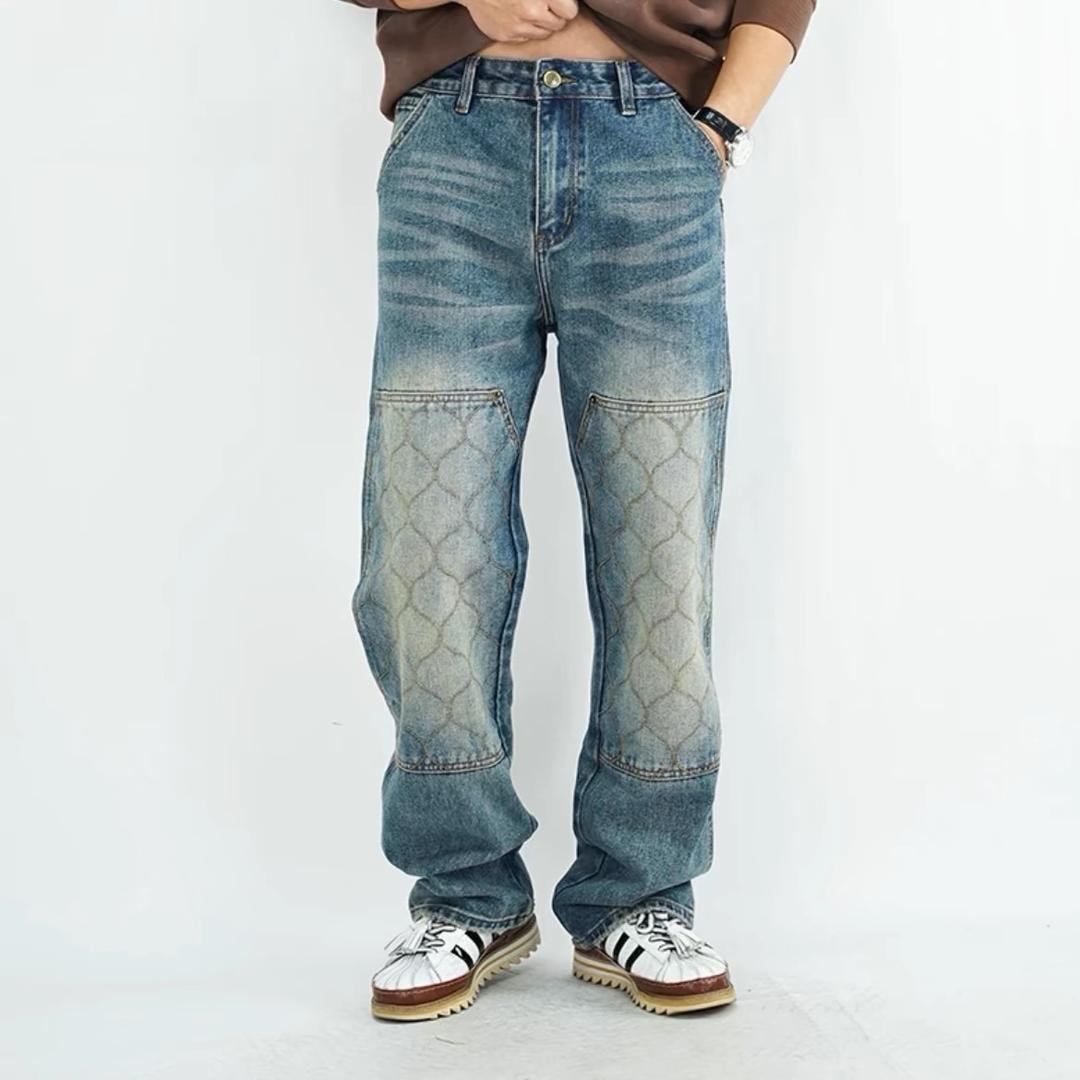 Washed Blue Quilted Knee Jeans