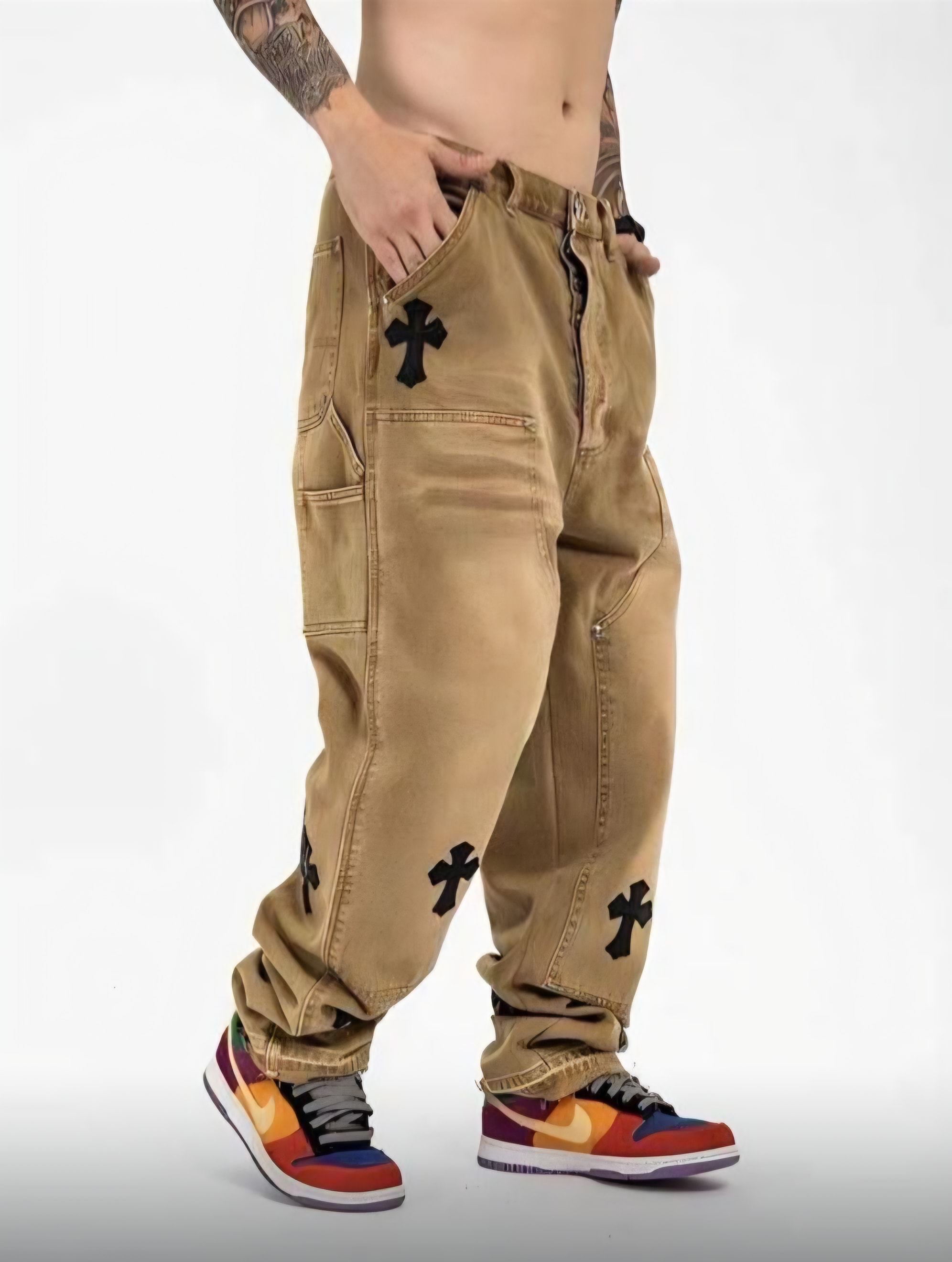 Khaki Cross Patch Carpenter Pants