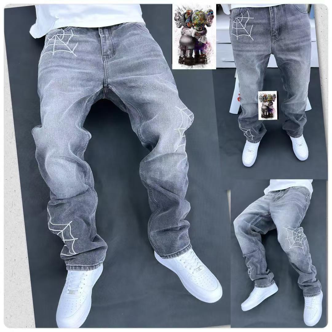 Grey Spider Web Rhinestone Jeans