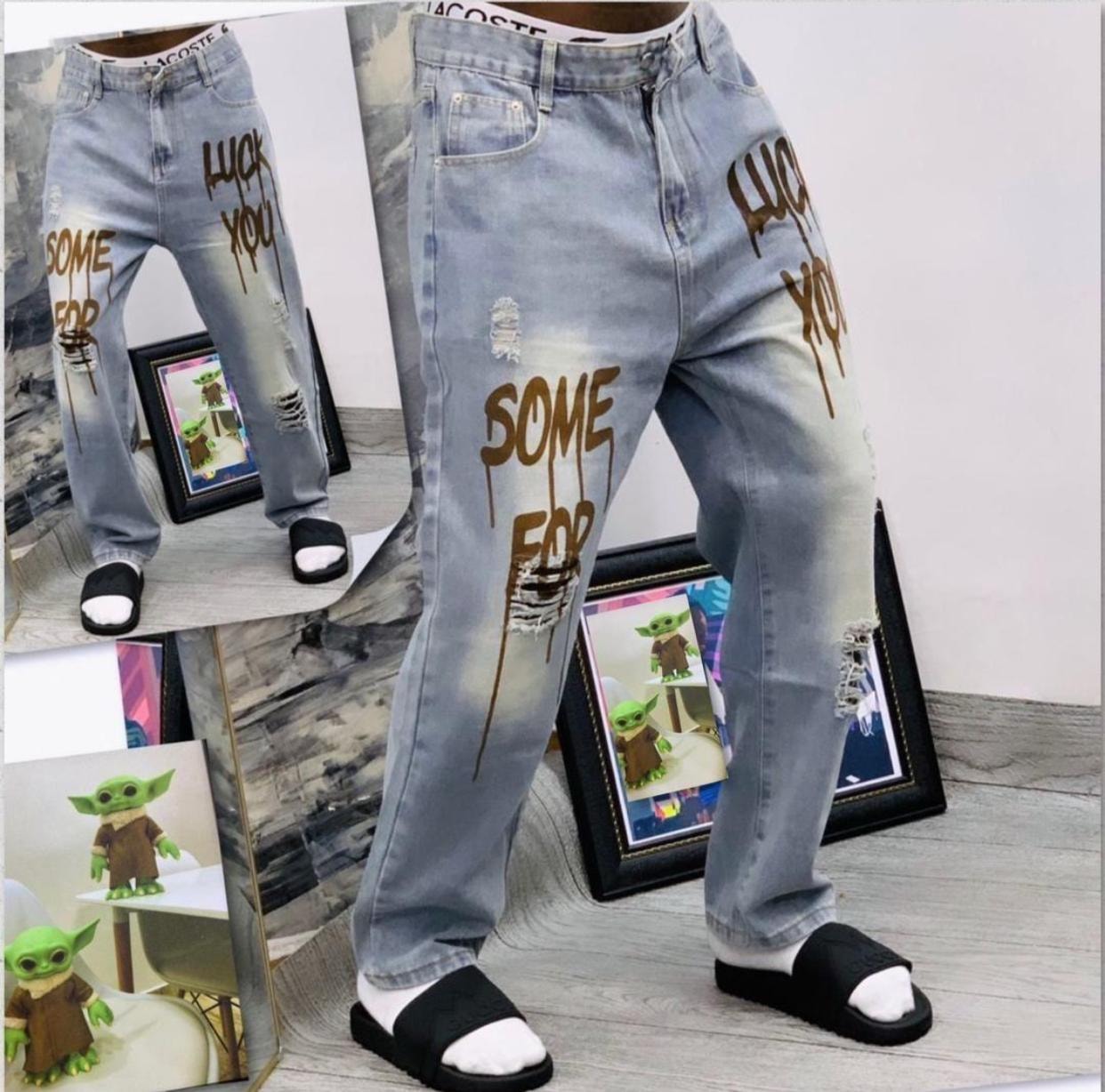 Distressed Graffiti "Luck You Some For" Jeans