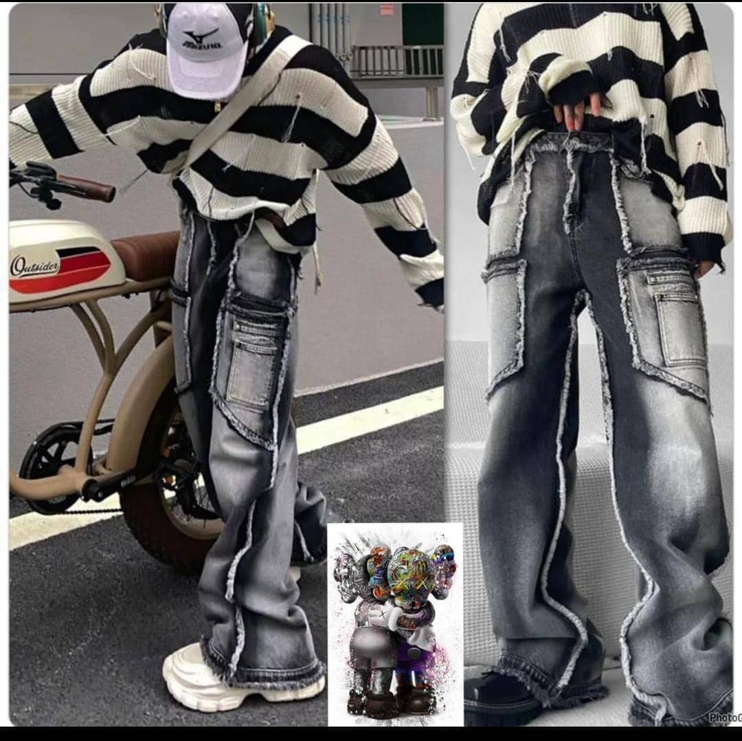 Grey Frayed Patchwork Baggy Jeans