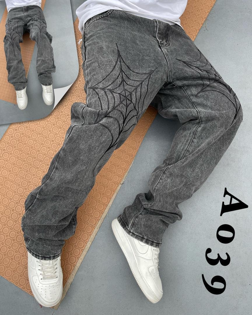 Washed Grey Spider Web Embroidered Jeans