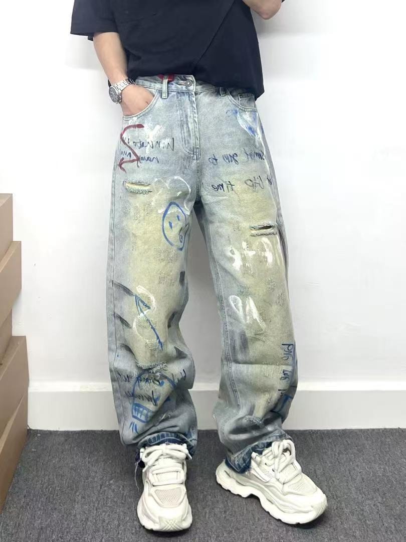 Washed Graffiti Ripped Baggy Denim