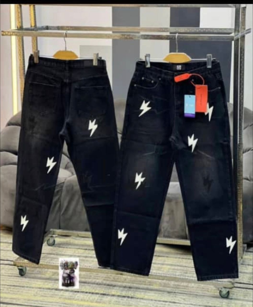 Black Lightning Bolt Printed Jeans
