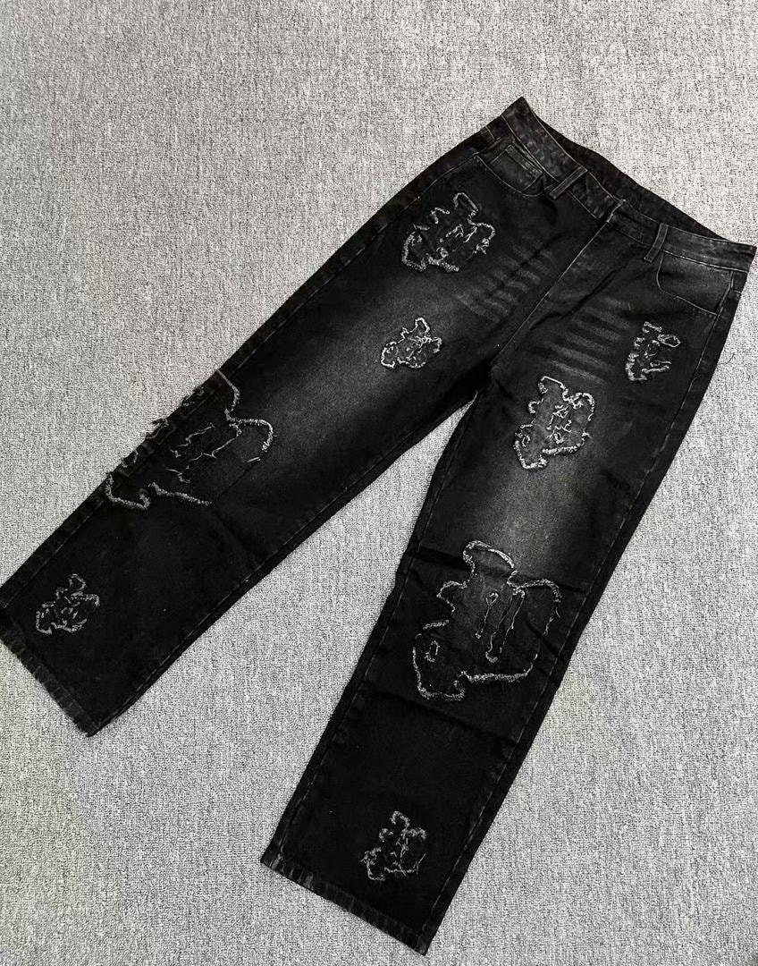 Black Frayed Logo Patch Jeans