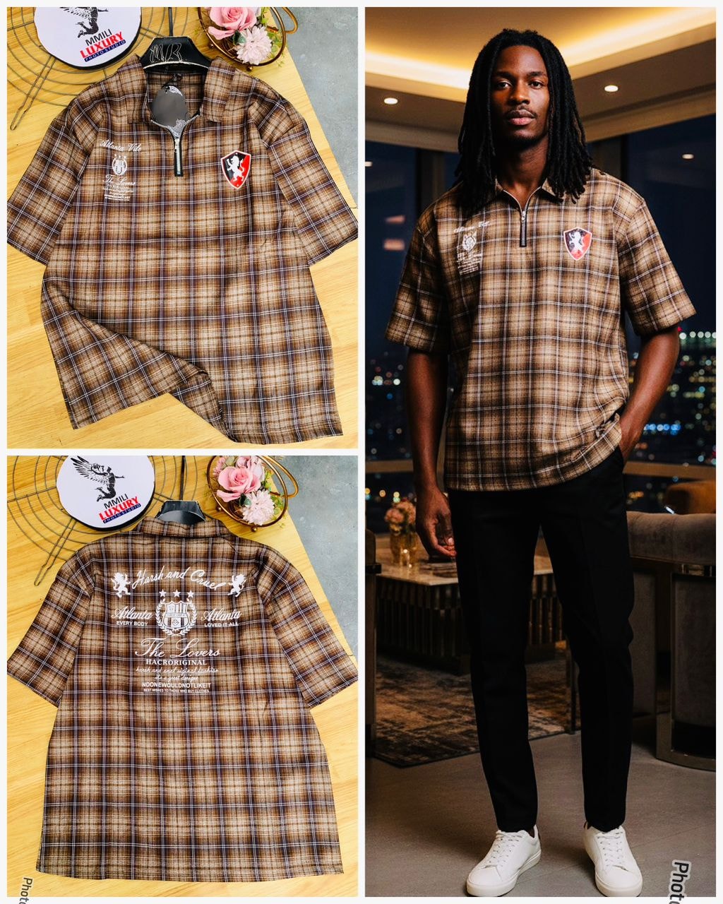 Brown Plaid Zip Polo Shirt