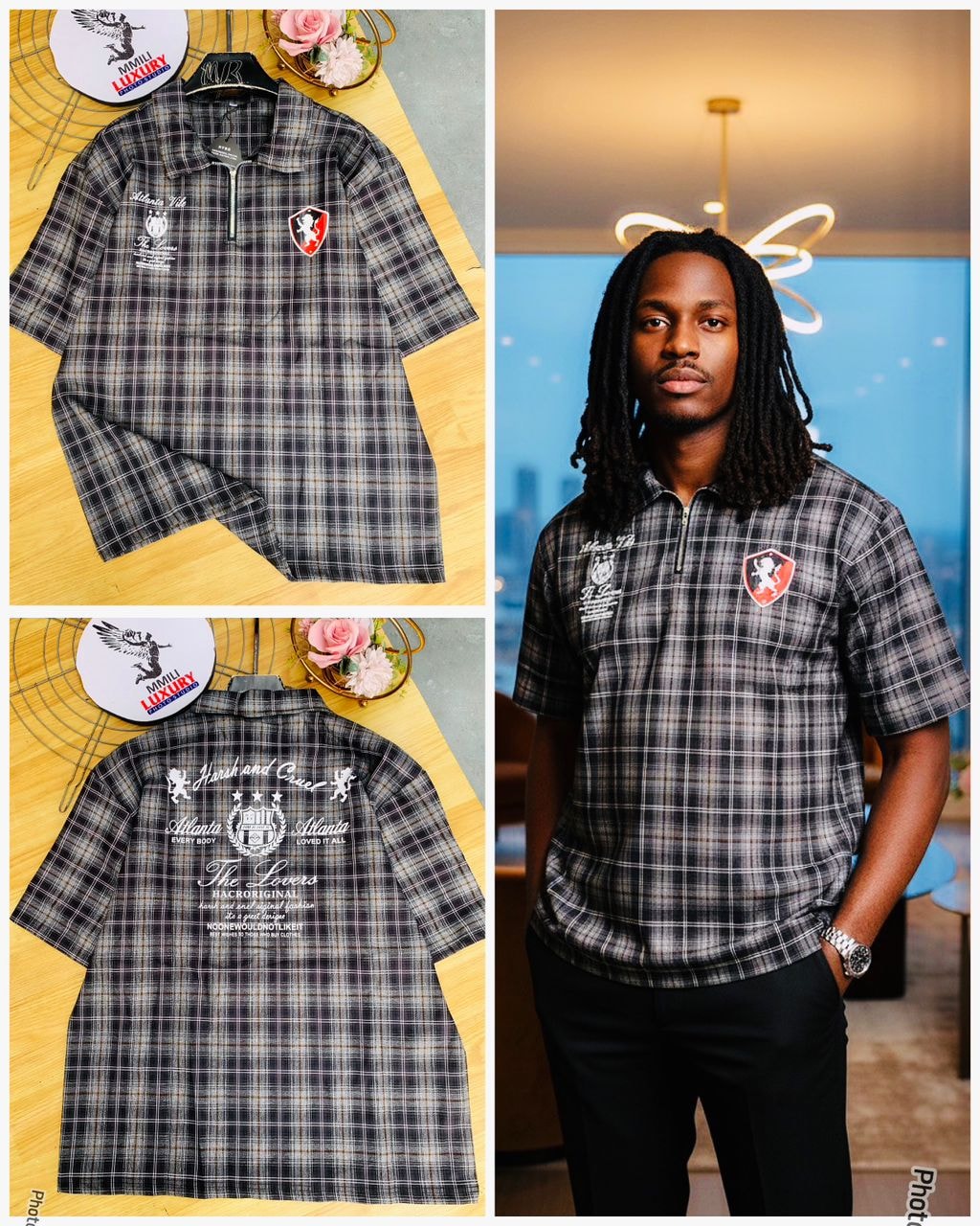 Charcoal Plaid Zip Polo Shirt