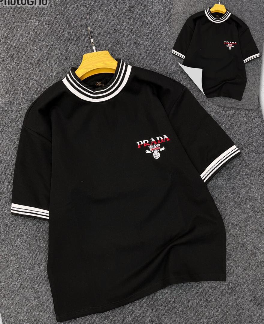 Black Striped Trim Mock Neck Tee