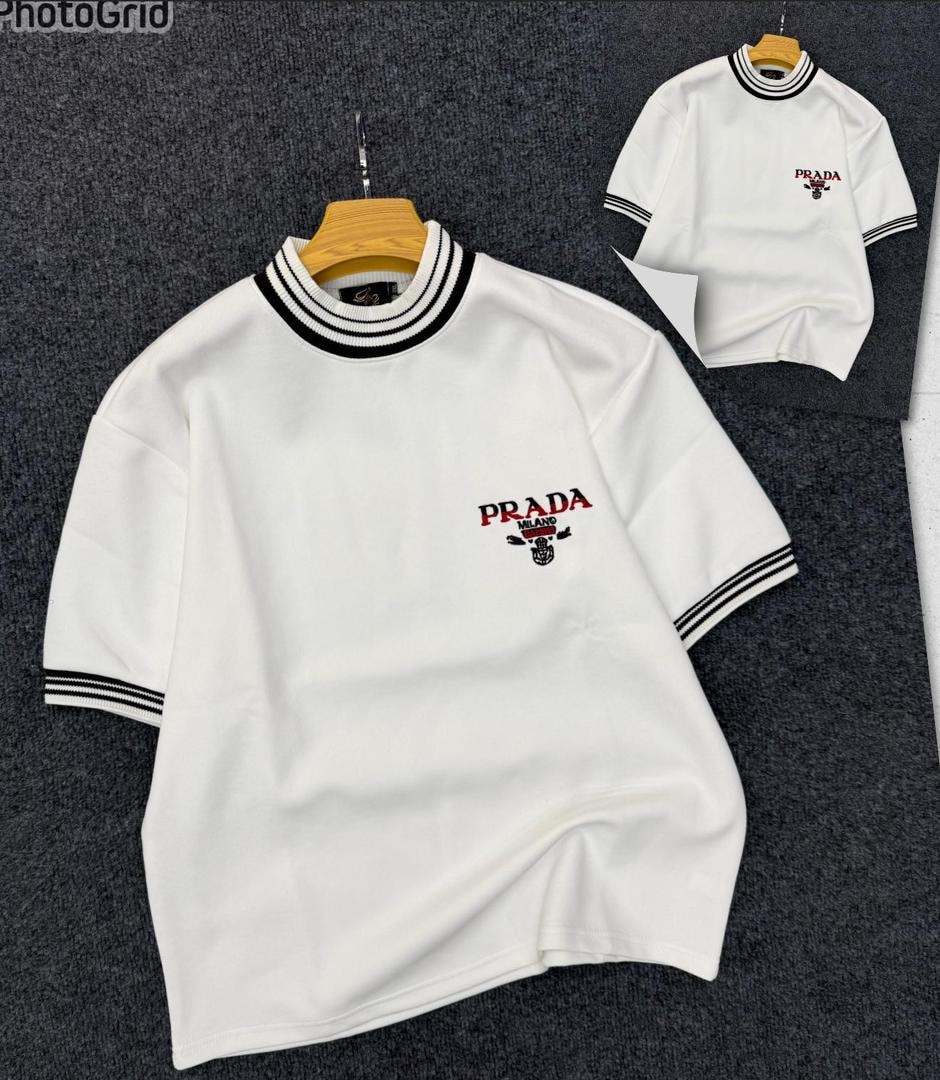 White Striped Trim Mock Neck Tee