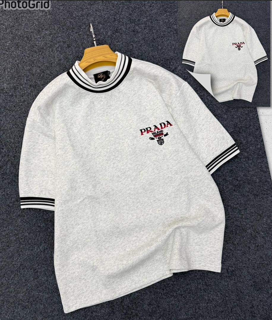 Heather Grey Striped Trim Mock Neck Tee