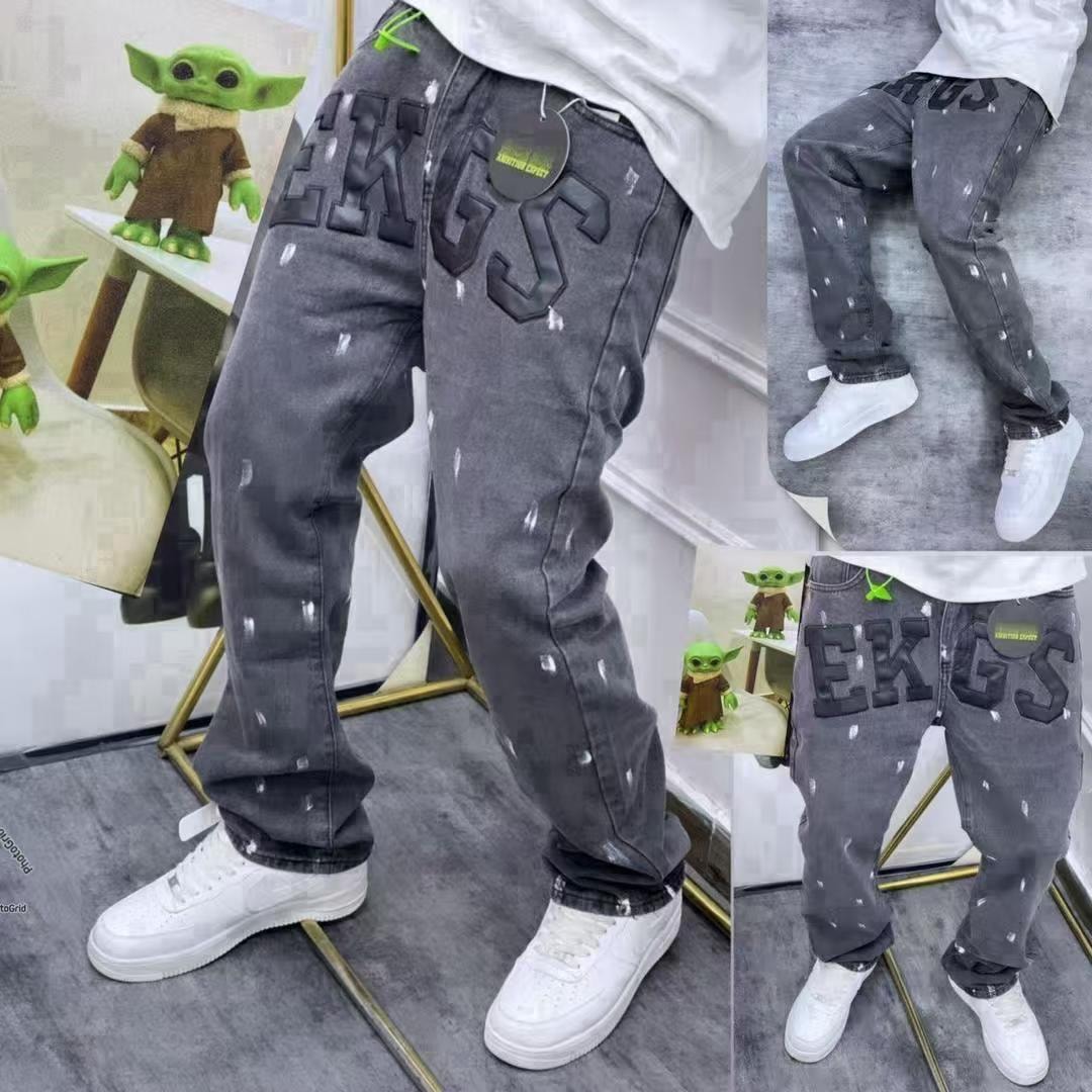 EKGS Grey Graphic Baggy Jeans