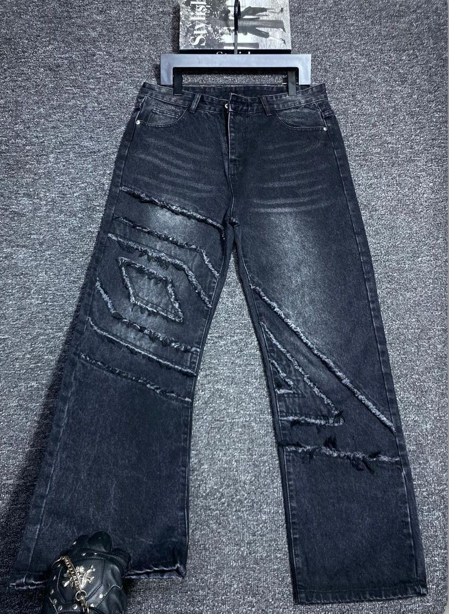 Frayed Patchwork Black Denim Jeans