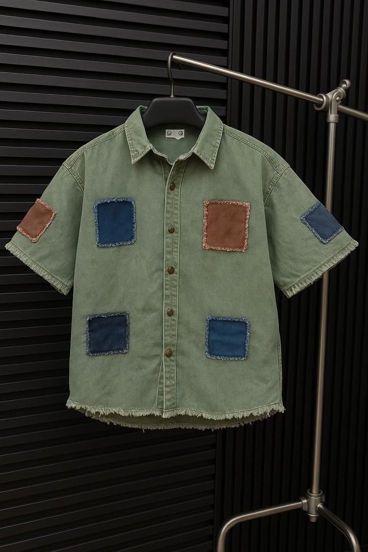 Signature Patchwork Denim Shirt – Sage Green Edition