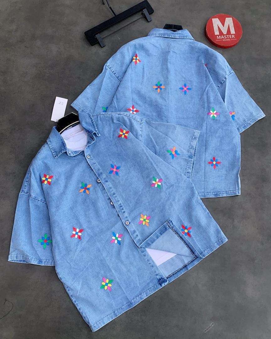 Floral Embroidered Denim Overshirt - Blue