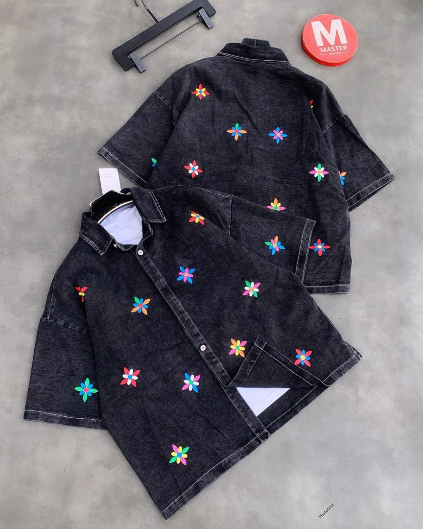 Floral Embroidered Denim Overshirt - Black
